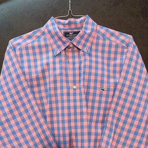 Vineyard Vines Men's Pink and Blue Plaid Shirt